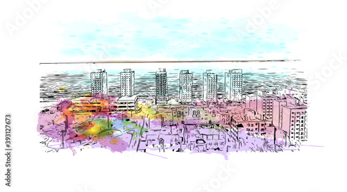 Building view with landmark of Comodoro Rivadavia is a city in the Patagonian province of Chubut in southern Argentina. Watercolour splash with hand drawn sketch illustration in vector.