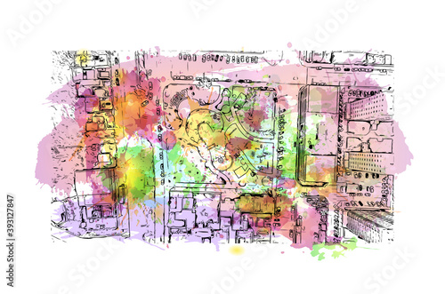 Building view with landmark of Comodoro Rivadavia is a city in the Patagonian province of Chubut in southern Argentina. Watercolour splash with hand drawn sketch illustration in vector.