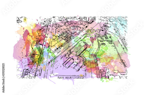 Building view with landmark of Comodoro Rivadavia is a city in the Patagonian province of Chubut in southern Argentina. Watercolour splash with hand drawn sketch illustration in vector.