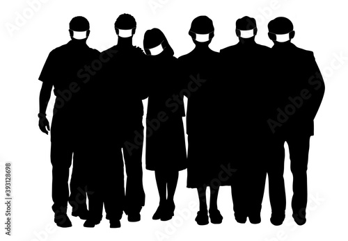 Collection of people silhouettes wearing medical masks preventing air pollution and virus , vector illustration
