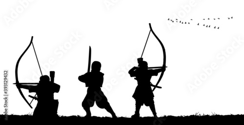Samurai-archer with bow in field. Vector silhouette
