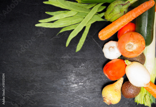 Still life of assorted vegetables viewed from above. copy space