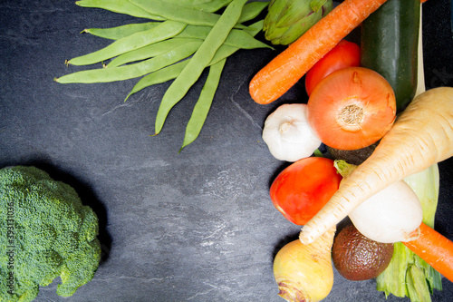 Still life of assorted vegetables viewed from above. copy space