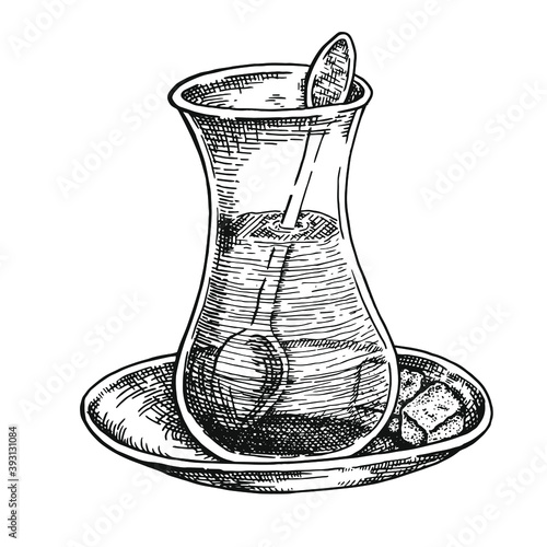 Hand drawn black and white crosshatch vector illustration of a cup of tea, in a tyrkish tea glass. No background.