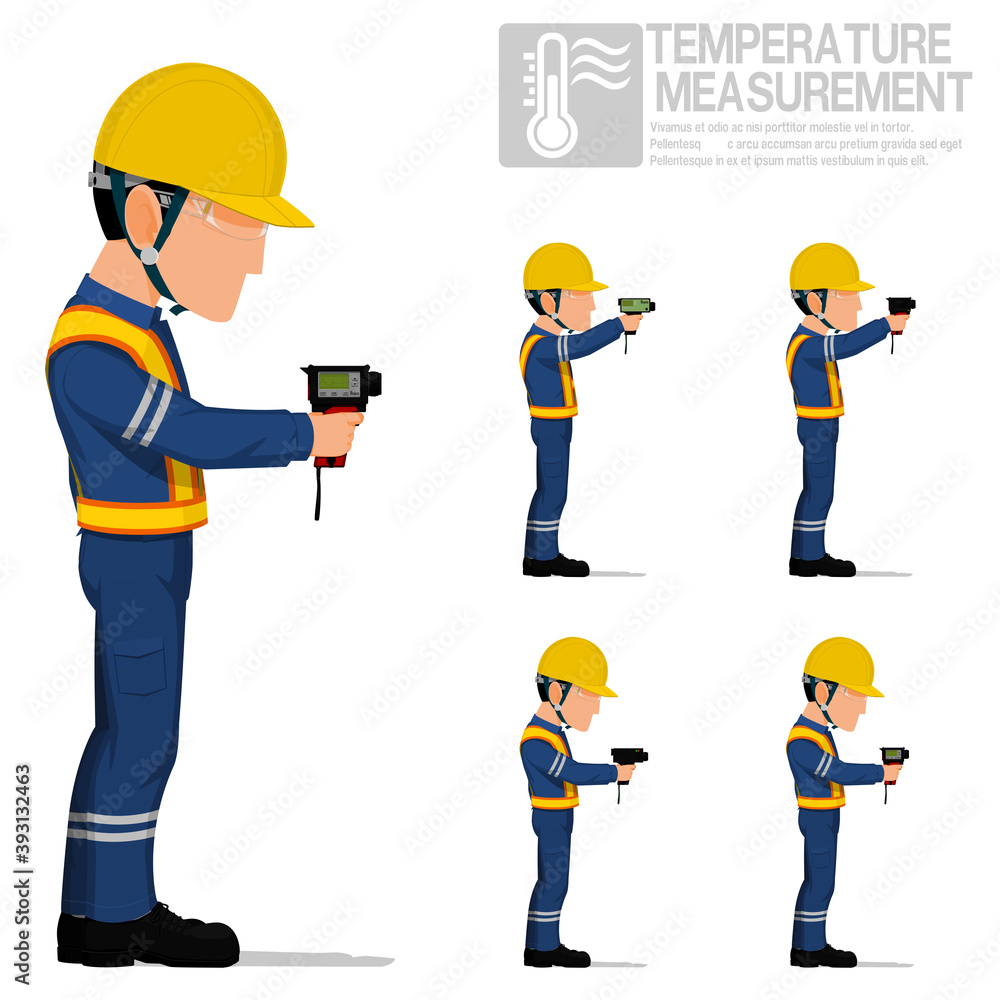 Set of industrial worker using pyrometer for measuring temperature. Set of industrial worker using pyrometer for measuring temperature.