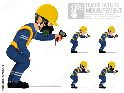 Set of industrial worker using pyrometer for measuring temperature.