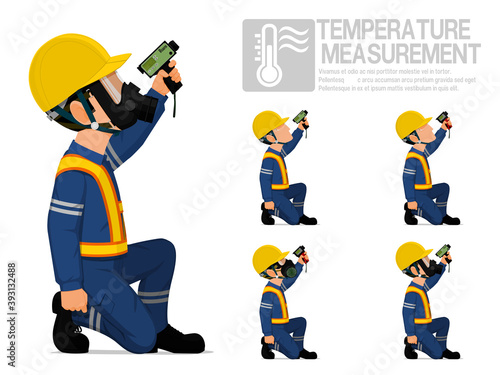 Set of industrial worker using pyrometer for measuring temperature.