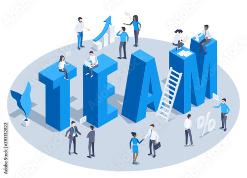 isometric vector illustration isolated on white background, the word team from capital letters and people in business clothes are working in a team