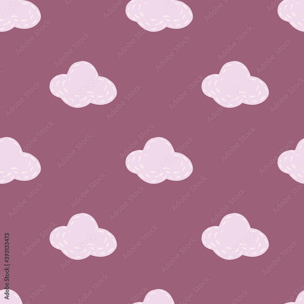 Grey simple clouds elements seamless pattern. Purple background. Sky childish minimalstic artwork.