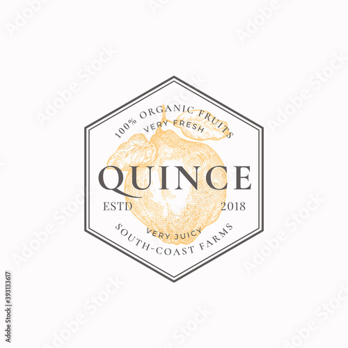 Quince Frame Badge or Logo Template. Hand Drawn Fruit with Leaves Sketch with Retro Typography and Borders. Vintage Premium Emblem. Isolated