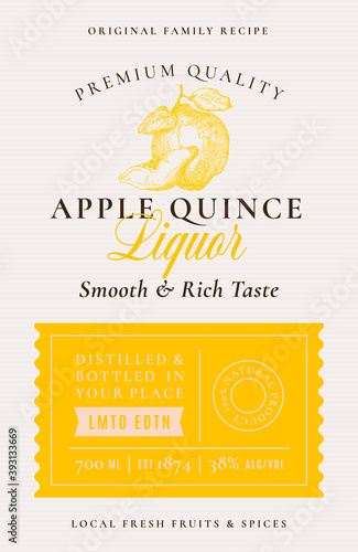 Family Recipe Quince Liquor Acohol Label. Abstract Vector Packaging Design Layout. Modern Typography Banner with Hand Drawn Fruit Silhouette Logo and Background. Isolated