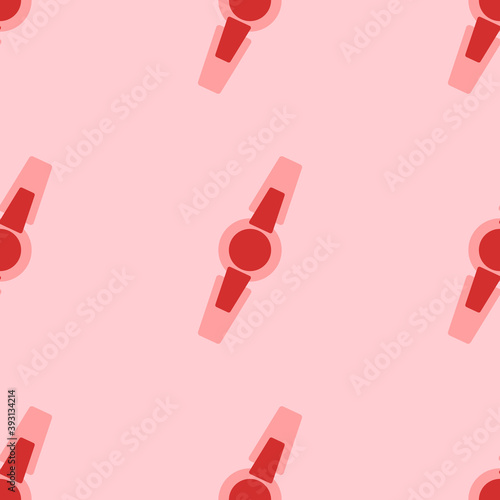 Seamless pattern of large isolated red wristwatch symbols. The elements are evenly spaced. Vector illustration on light red background