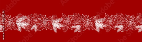 Seamless pattern with hand drawn poinsettia flower and floral branch, berry, snowflake, mistletoe, christmas tree. photo