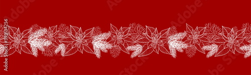 Foto Seamless pattern with hand drawn poinsettia flower and floral branch, berry, snowflake, mistletoe, christmas tree