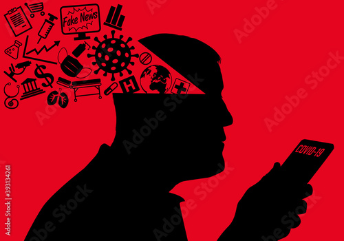 Concept de l’épidémie de COVID-19 et de la course à l’information sur les réseaux sociaux, avec un homme qui se fait manipuler par les fake news.