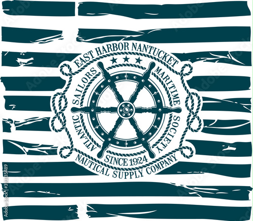 Nautical ship steering wheel with grunge stripes background vintage maritime vector artwork for marine wear and t shirt