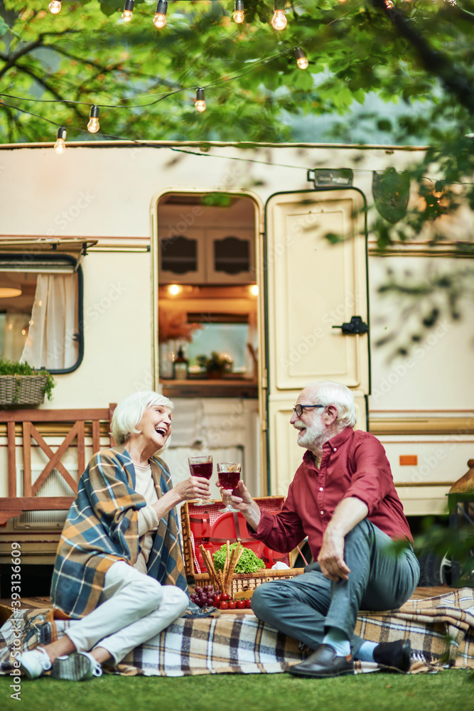 Naklejka premium Happy elderly man and woman talking while having picnic near camper van