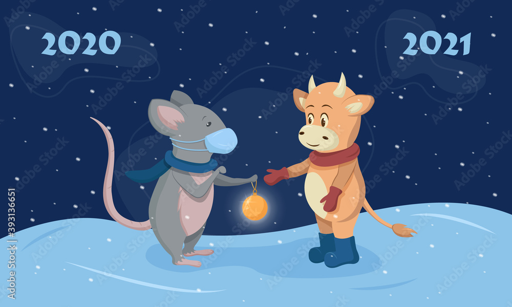 Fototapeta premium The rat passes the New Year's toy to the bull as a symbol of the new year. Merry Christmas and happy new year 2021. Vector illustration in flat style.