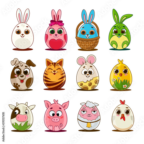 set of easter eggs with cartoon animals
