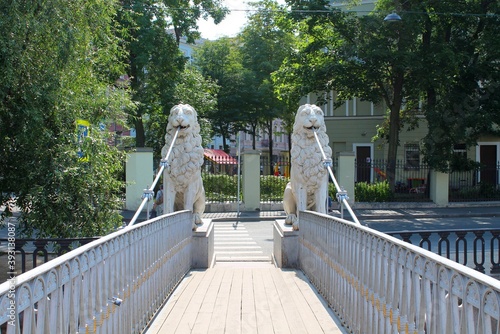 Sculptures of lions at the entrance to the bridge. Canal named after Griboyedov. St. Petersburg.