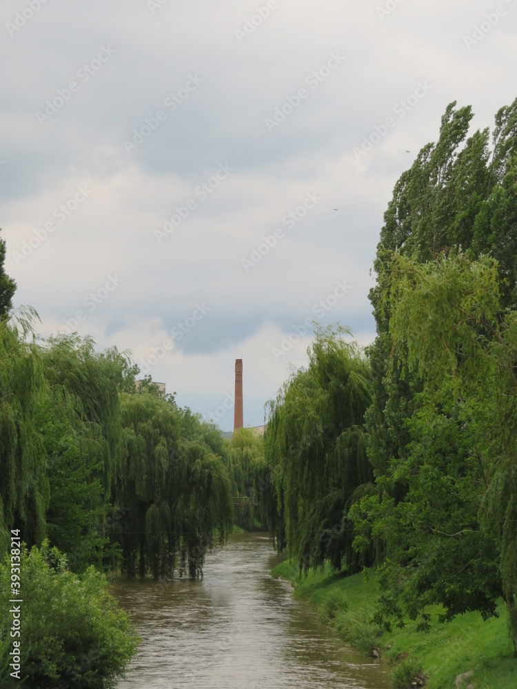 river with trees next to factory river with trees next to factory