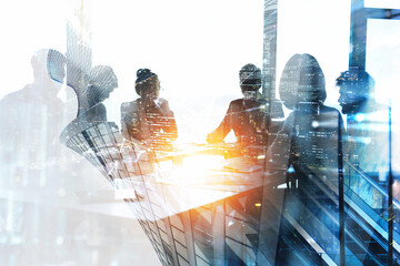 Background concept with business people silhouette at work. Double exposure and light effects