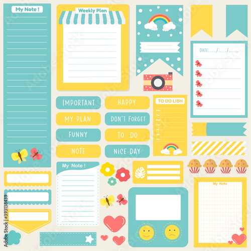 Cute paper notes in sweet color set. Printable planner stickers. Template for your message. Decorative planning element. Vector illustration.