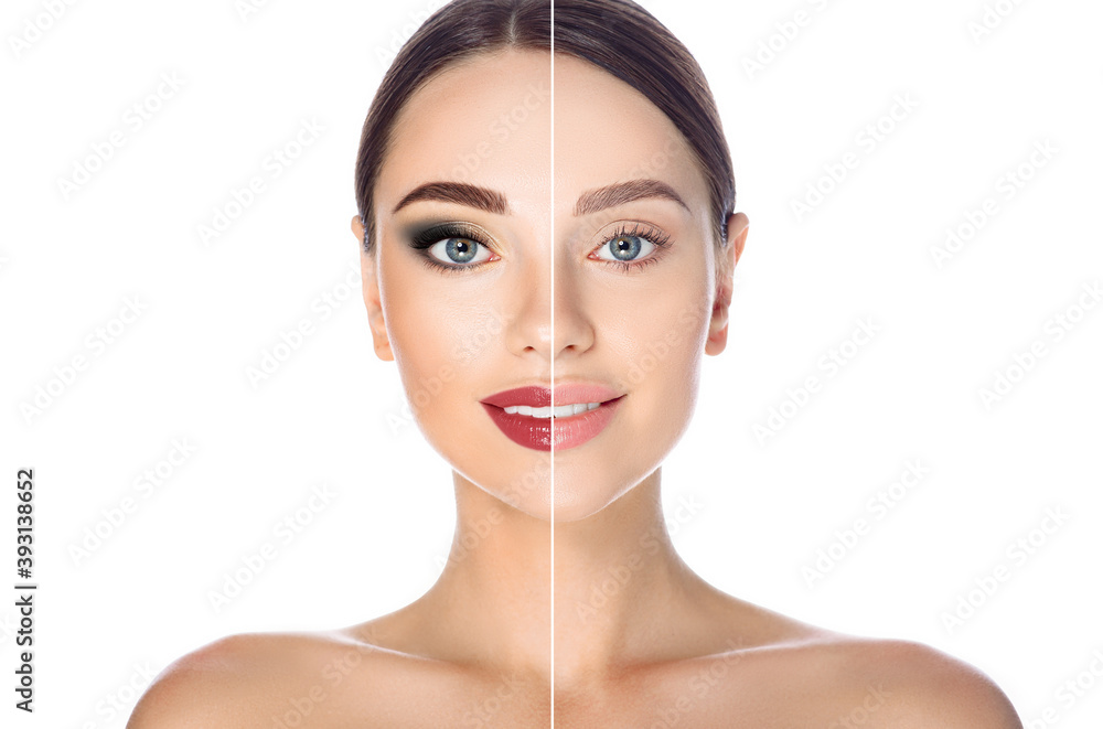 Before and after remove makeup. Woman face with makeup and without on white background - obrazy, fototapety, plakaty 