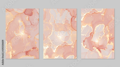 Pink, coral, and gold marble abstract backgrounds. Set of alcohol ink technique vector stone textures. Modern paint with glitter. Template for banner, poster design. Fluid art painting