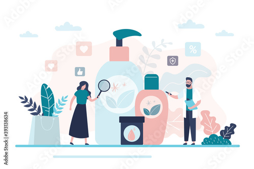 Woman with magnifying glass chooses organic cosmetics. Medical professional helps girl with choice of natural products skincare