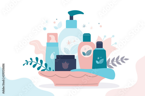 Gift set of organic cosmetics for women. Various bottles, tubes and jars for skincare. Female cosmetics: gels, lotions and creams for body care