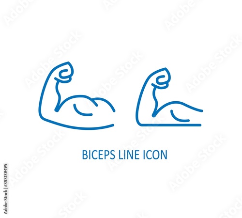 Flexing bicep muscle strength or power line art vector icon for exercise apps and websites