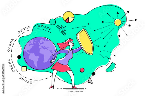 Ecological illustration. Ozone depletion. Ozone hole. Man with a shield covers planet from influence of sun. Environmental pollution. Global warming, CO2. Environmental problem. ECO activist. Green.