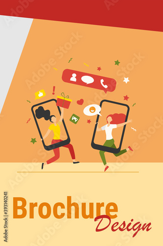 Customers sharing references and earning money. Mobile phones users chatting, exchanging gifts. Vector illustration for refer a friend, referrals, loyalty program, marketing concept