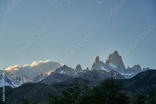 Mount Fitzroy  is a high and characteristic Mountain peak in southern Argentina  Patagonia  South America and a popular travel destination for hiking and trekking for tourists