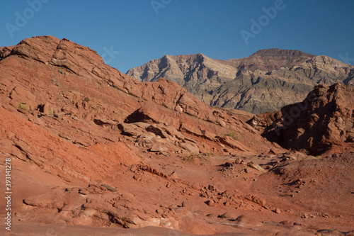 Martian landscape. View of the arid canyon, red sandstone, unique rock formations and mountains in Talampaya national park in La Rioja, Argentina.