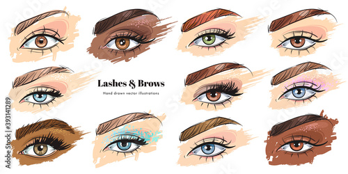 Hand drawn beautiful female eyes set
