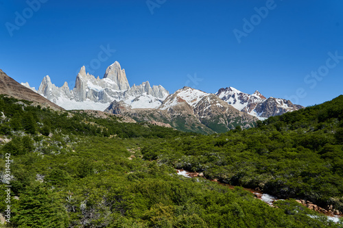 Mount Fitzroy is a high and characteristic Mountain peak in southern Argentina, Patagonia, South America and a popular travel destination for hiking and trekking for tourists