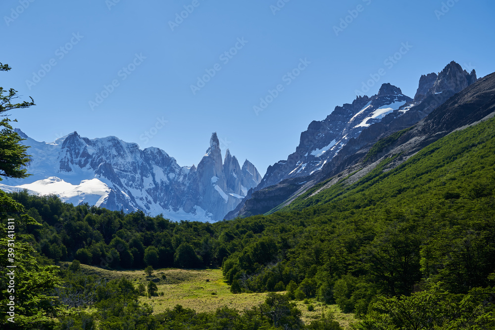 Cerro Torre next to Mount Fitzroy  is a high and characteristic Mountain peak in southern Argentina, Patagonia, South America and a popular travel destination for hiking and trekking for tourists
