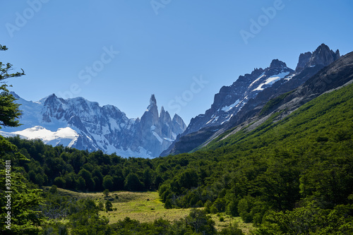 Cerro Torre next to Mount Fitzroy  is a high and characteristic Mountain peak in southern Argentina, Patagonia, South America and a popular travel destination for hiking and trekking for tourists © Jens