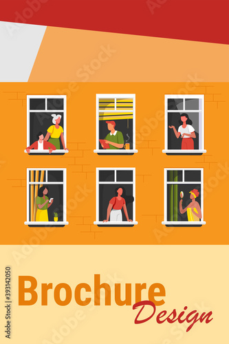 Apartment building with people in open window spaces. Neighbors drinking coffee, talking, using cell. Vector illustration for block of flat, condo, neighborhood, community, house friendship concept