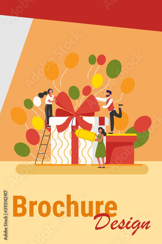 Friends celebrating birthday, packing gifts. People standing at present boxes, holding tag. Vector illustration for surprise, party, festive event, loyalty program reward concept