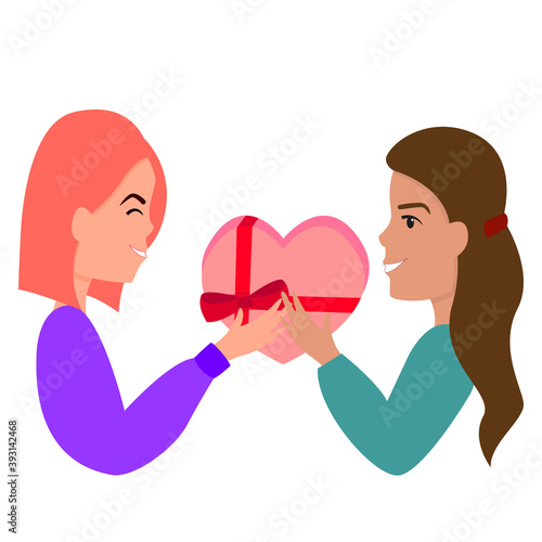 The girl gives her girlfriend a gift for the holiday. Birthday, New Year, Valentine's Day. Lesbian, Gay, Bisexual, Transgender. Vector illustration