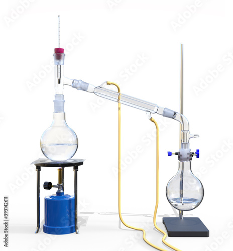 3D rendering of a distillation process, isolated on white background