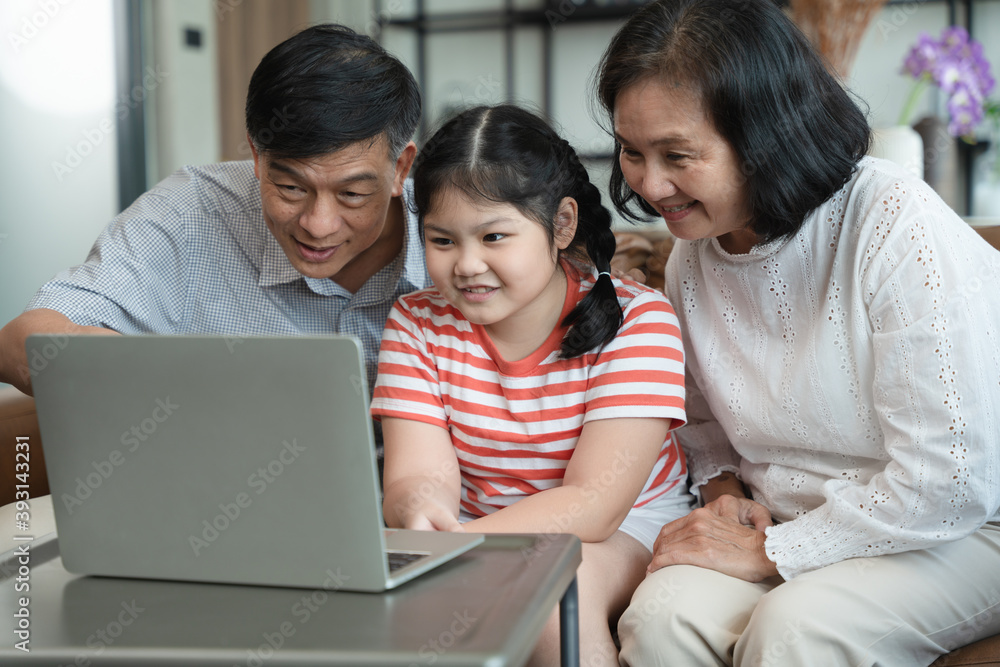 Grandparents and granddaughter have family meeting through VIDEO call, online, internet technology, new normal, playing game, Grandparents and granddaughter have family meeting through VIDEO call, online, internet technology, new normal, playing game,