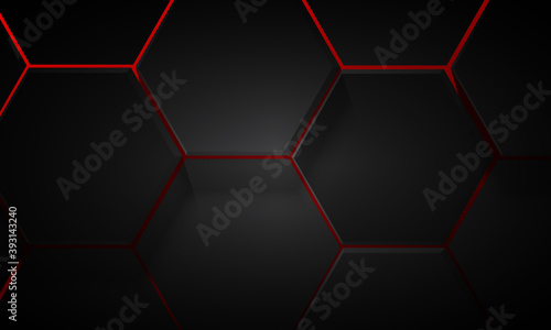 Black geometric hexagon pattern on red background.