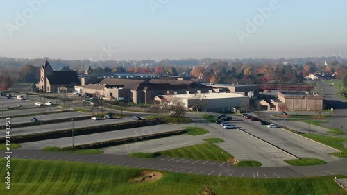 Wide aerial of Christian Megachurch in Lancaster Pennsylvania. Evangelical Christianity in America. Outside exterior view by drone.