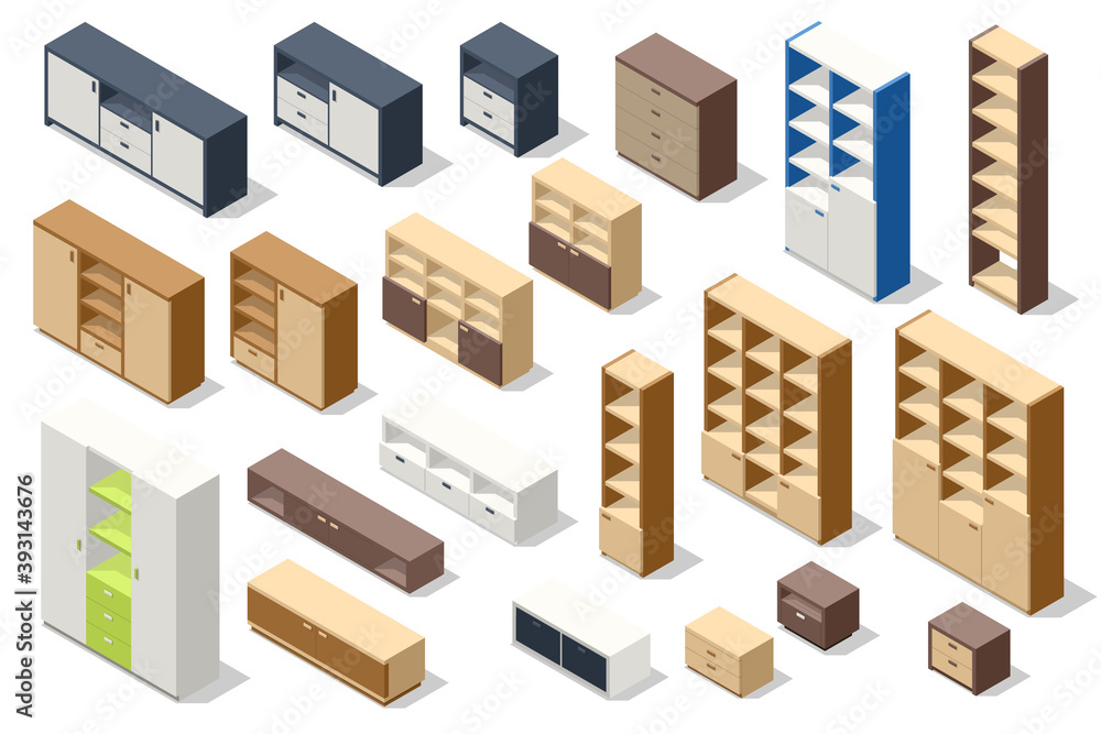 Isometric set of different stylish commodes and modern wardrobes isolated on white. Furniture for wardrobe Isometric set of different stylish commodes and modern wardrobes isolated on white. Furniture for wardrobe