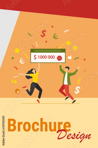 Happy guy and girl winning money prize. Jackpot winners holding bank check for one million dollars. Can be used for fortune, luck, lottery topics