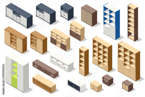 Isometric set of different stylish commodes and modern wardrobes isolated on white. Furniture for wardrobe